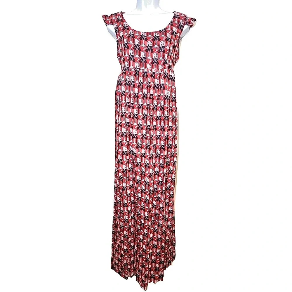 Vintage MOTHERHOOD Knit House Print Red Maternity Maxi‎ Dress SIZE M Acrylic